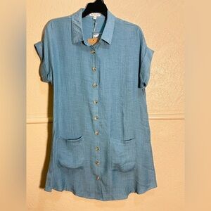 Blu Pepper Button Down Shirt Dress Blue Crinkle Fabric Coverup Pockets Medium